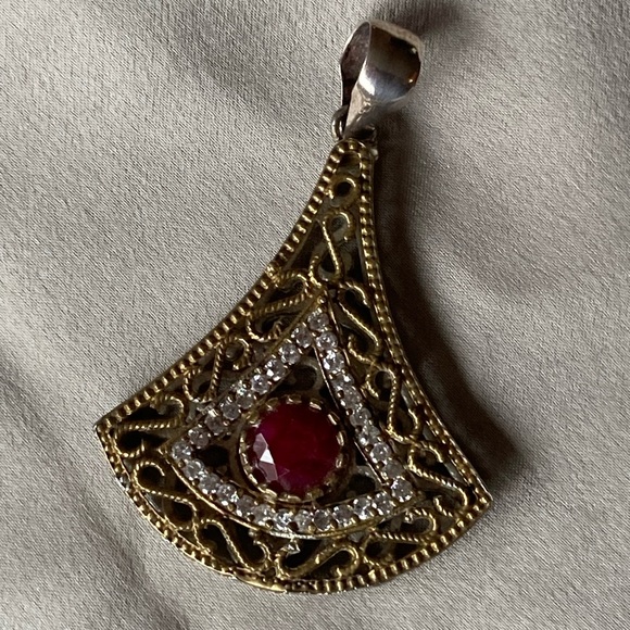 Large Turkish Ruby & Diamond Pendant. Vintage. - Picture 3 of 13
